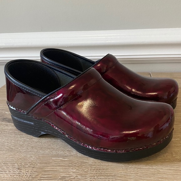 dansko burgundy patent leather clogs